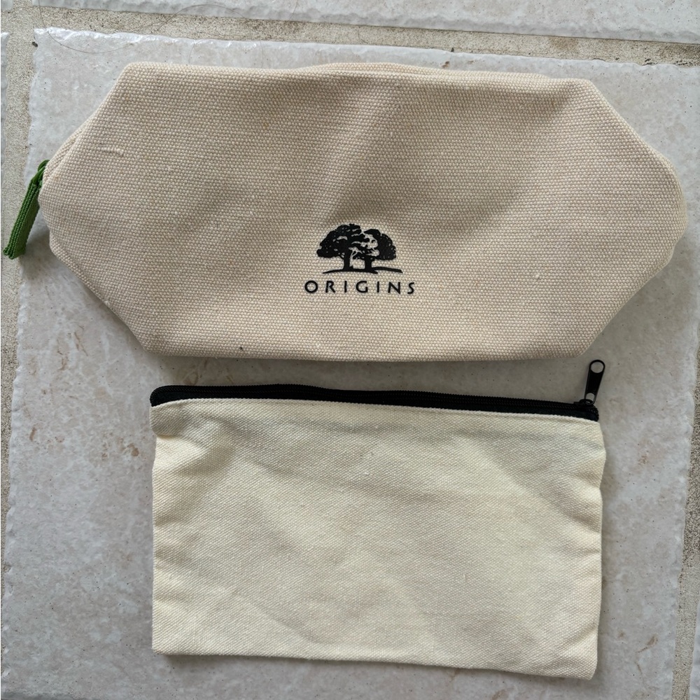 Two Canvas Cosmetic Pouches Origins with Green Zipper + Cream with Black Zipper